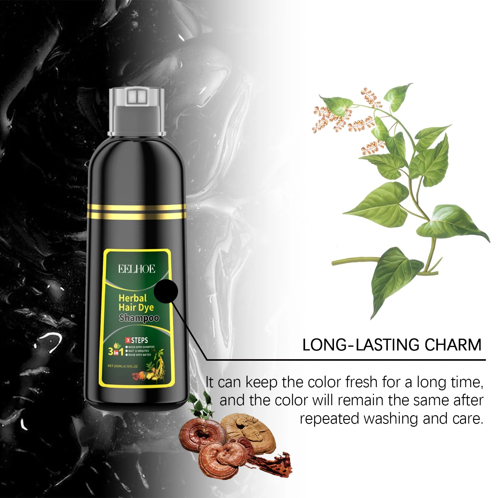 Eelhoe 200ml Herbal Hair Dye Shampoo Natural Black Coloring Cover Gray White Hair Fluffy Oil Control Nourish Hair Dyeing Shampoo