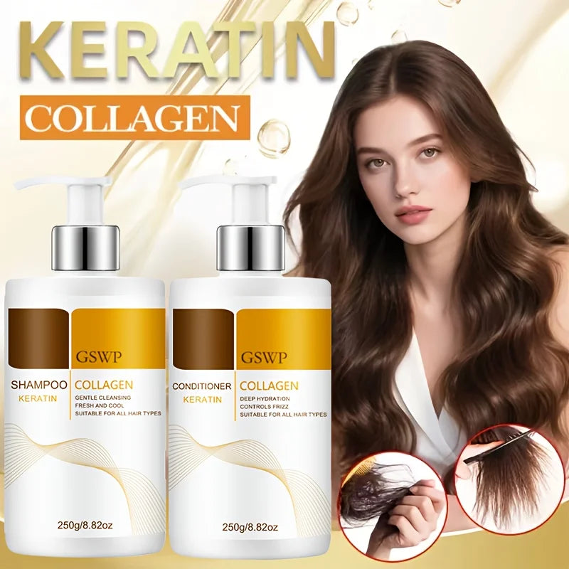GSWP Collagen Keratin Shampoo and Conditioner Set, large size, contains Moroccan argan oil for deep moisturizing.250g+250g