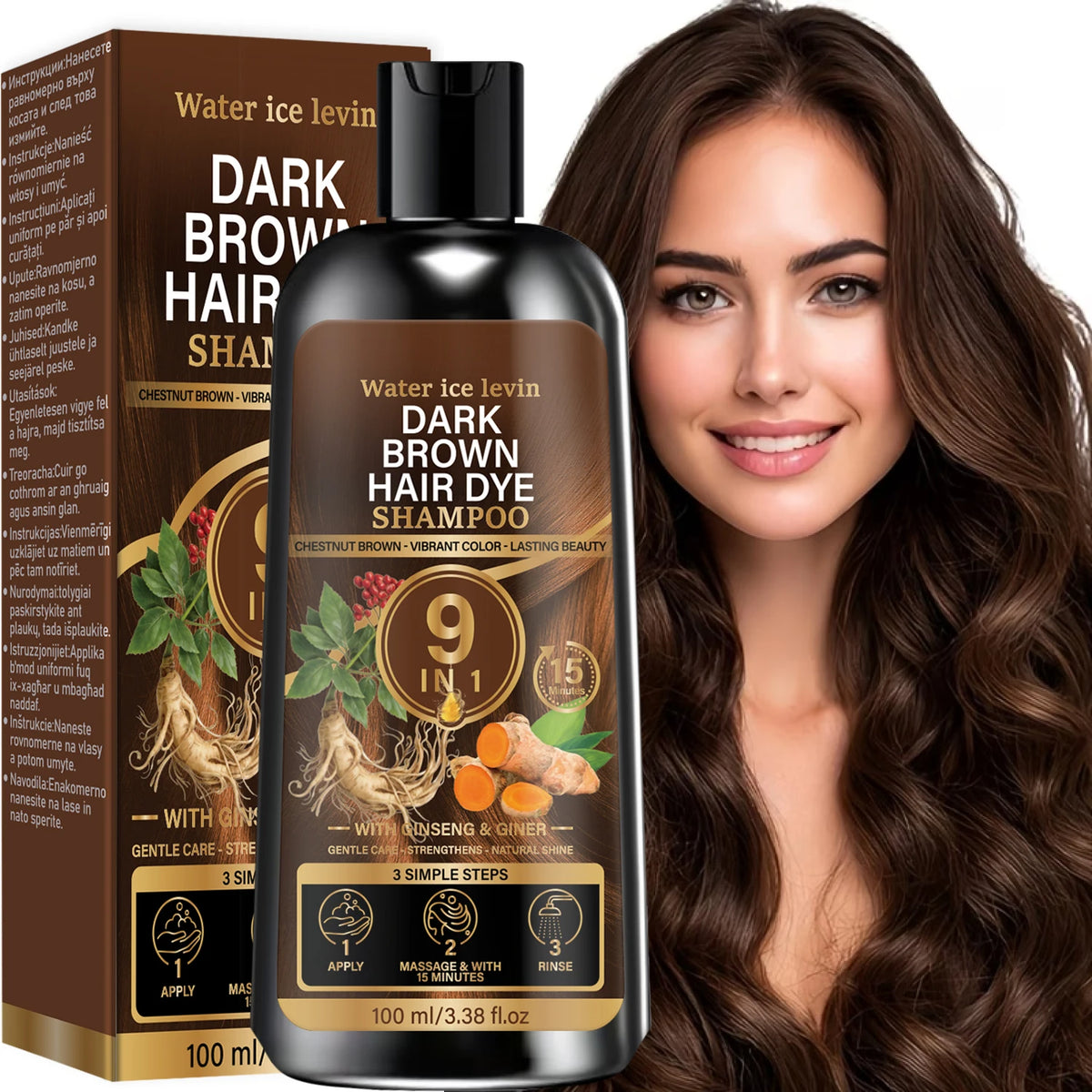 9 In 1 Natural Dark Brown Hair Dye Shampoo With Ginseng Ginger Gentle Coloring Shampoo Long Lasting Chestnut Hair Color 100ml