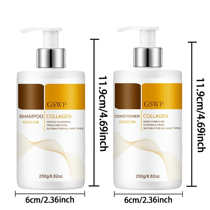 GSWP Collagen Keratin Shampoo and Conditioner Set, large size, contains Moroccan argan oil for deep moisturizing.250g+250g