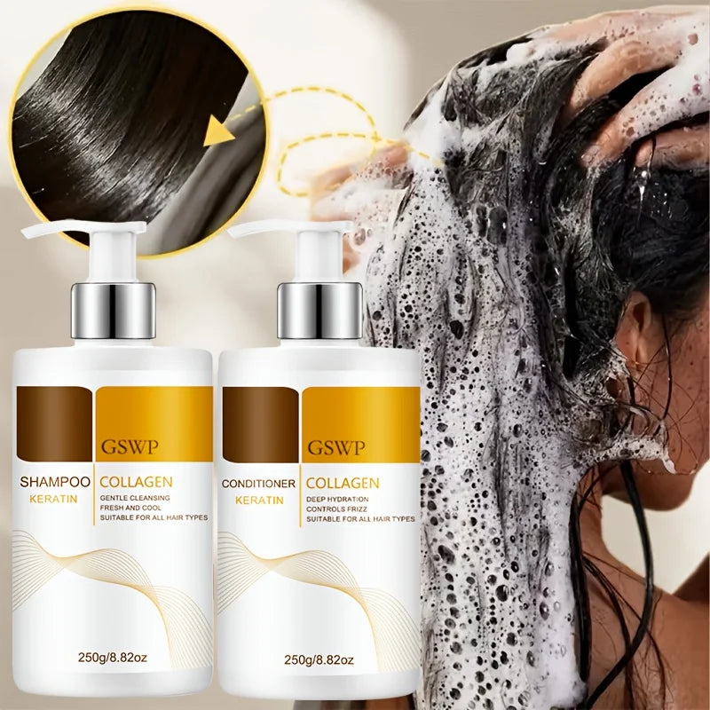 GSWP Collagen Keratin Shampoo and Conditioner Set, large size, contains Moroccan argan oil for deep moisturizing.250g+250g