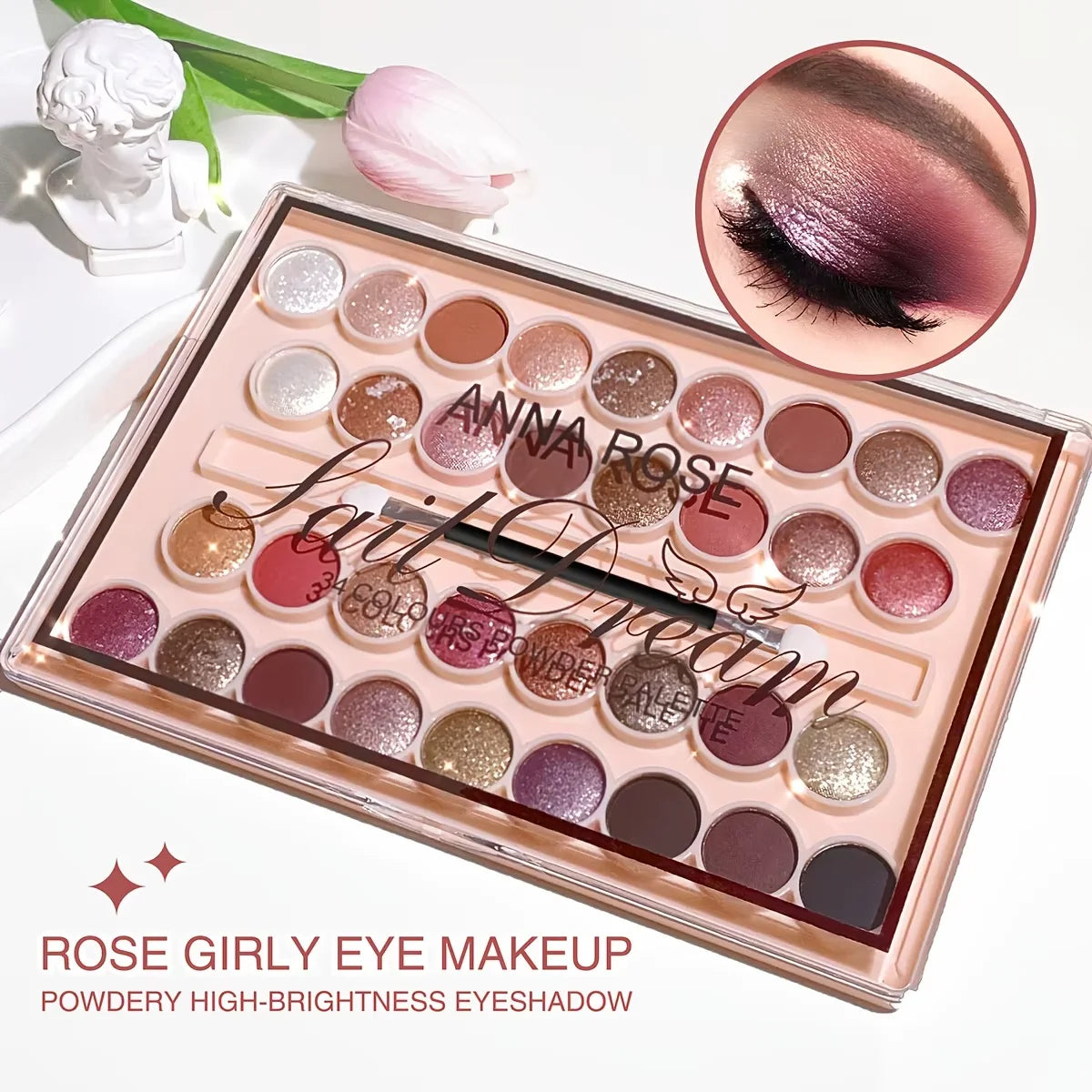 34-Colors Eyeshadow Palette with Brush Matte Shimmer & Glitter High Pigment Waterproof & Sweatproof for Festivals