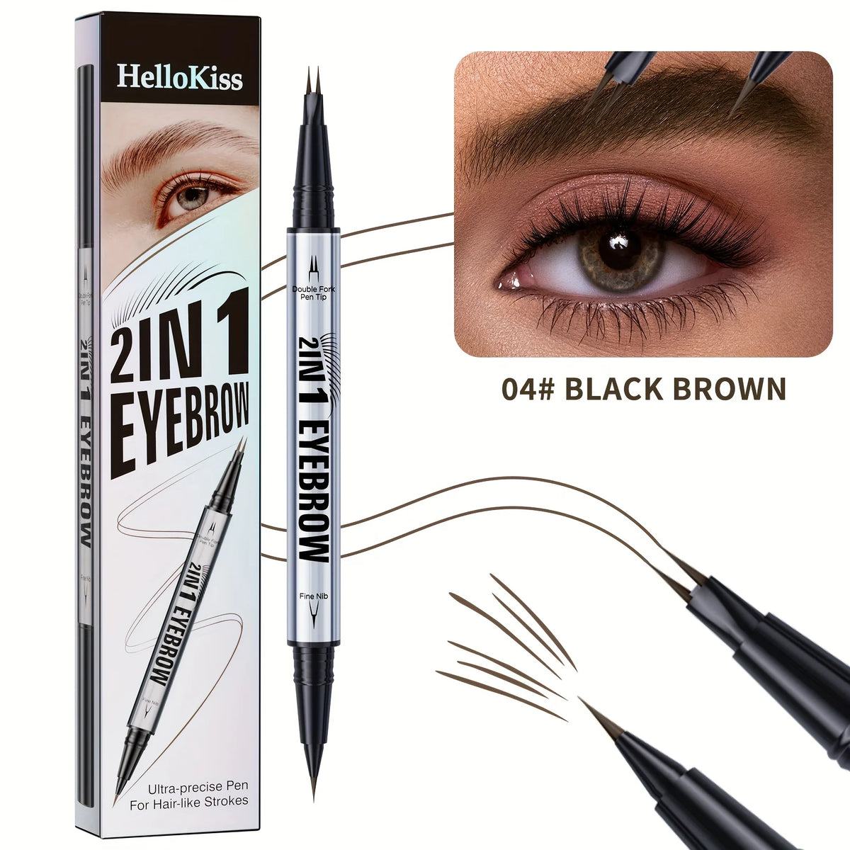 Luxury 2-in-1 Brow Pen with Micro Fork Tip & Precision Brush Waterproof Eyebrow Pencil for Natural Hair Strokes