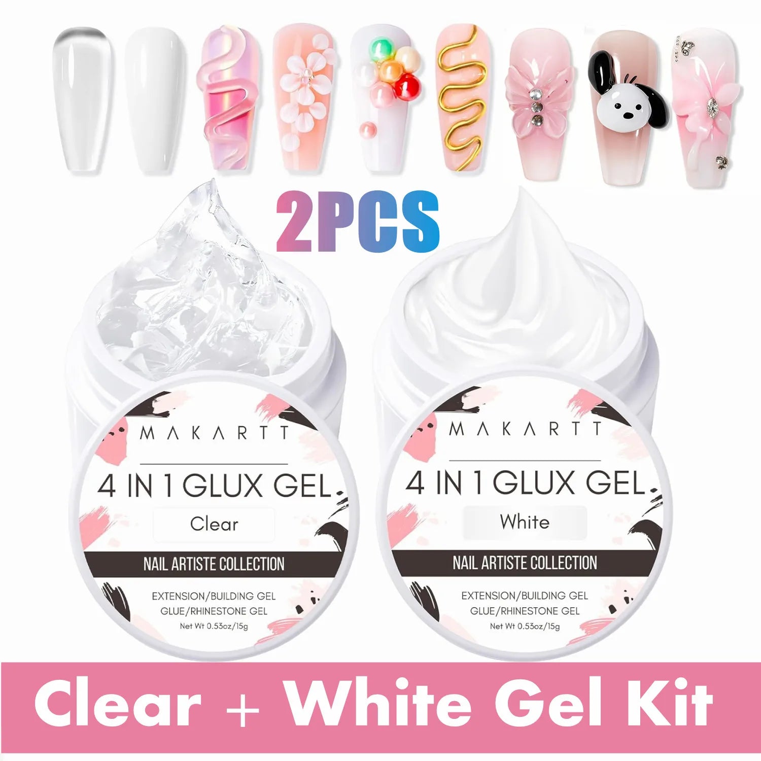 Makartt Solid Gel Builder: 4-in-1 Clear White Non-sticky for Extension 3D Sculpting Nail, UV Glue for Acrylic Tips, Rhinestones