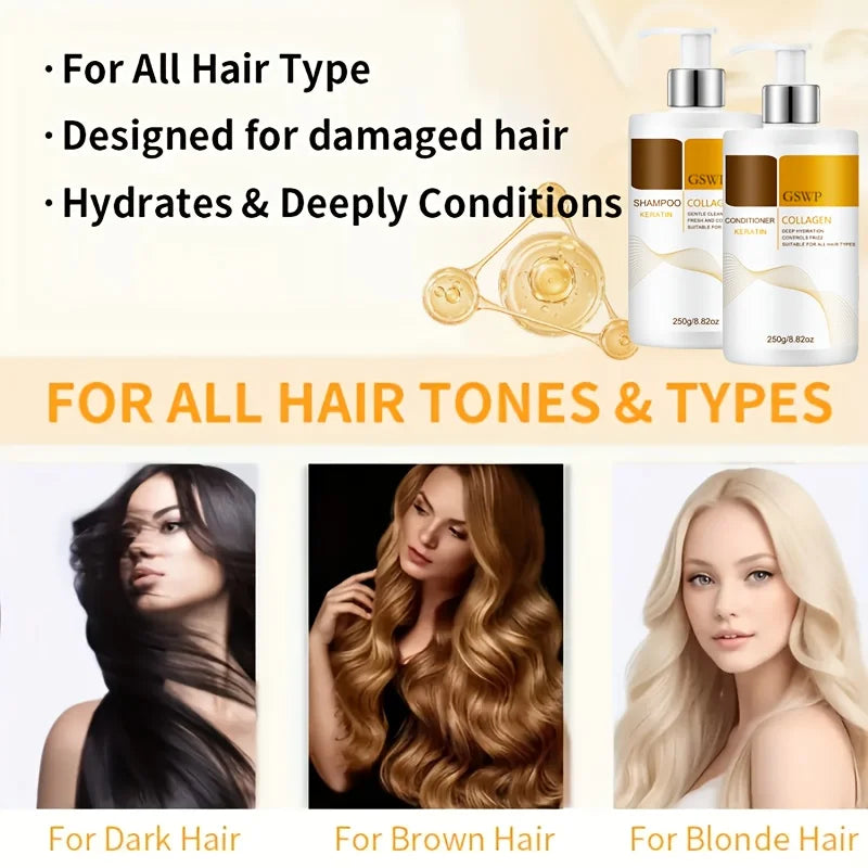 GSWP Collagen Keratin Shampoo and Conditioner Set, large size, contains Moroccan argan oil for deep moisturizing.250g+250g