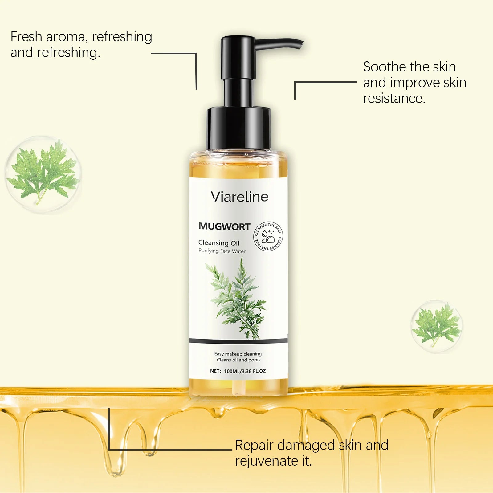 Viareline Mugwort Makeup Remove Face Cleaning Oil Non-irrtating Moisturizing Non-greasy Not Tight Glowing Soothing Face Cleaner