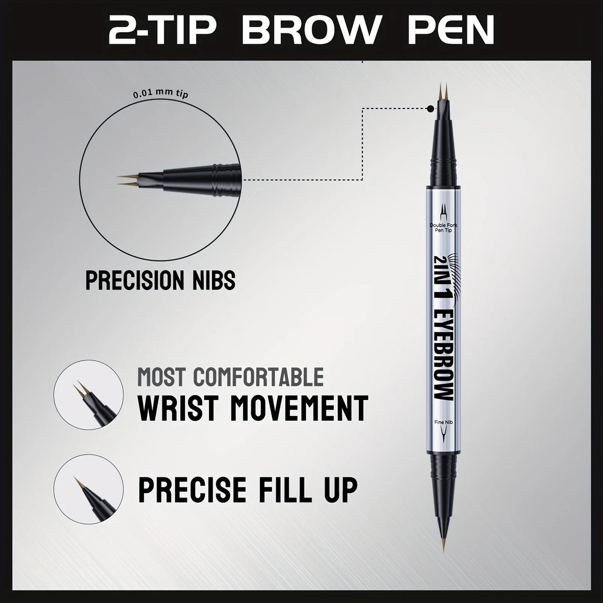 Luxury 2-in-1 Brow Pen with Micro Fork Tip & Precision Brush Waterproof Eyebrow Pencil for Natural Hair Strokes