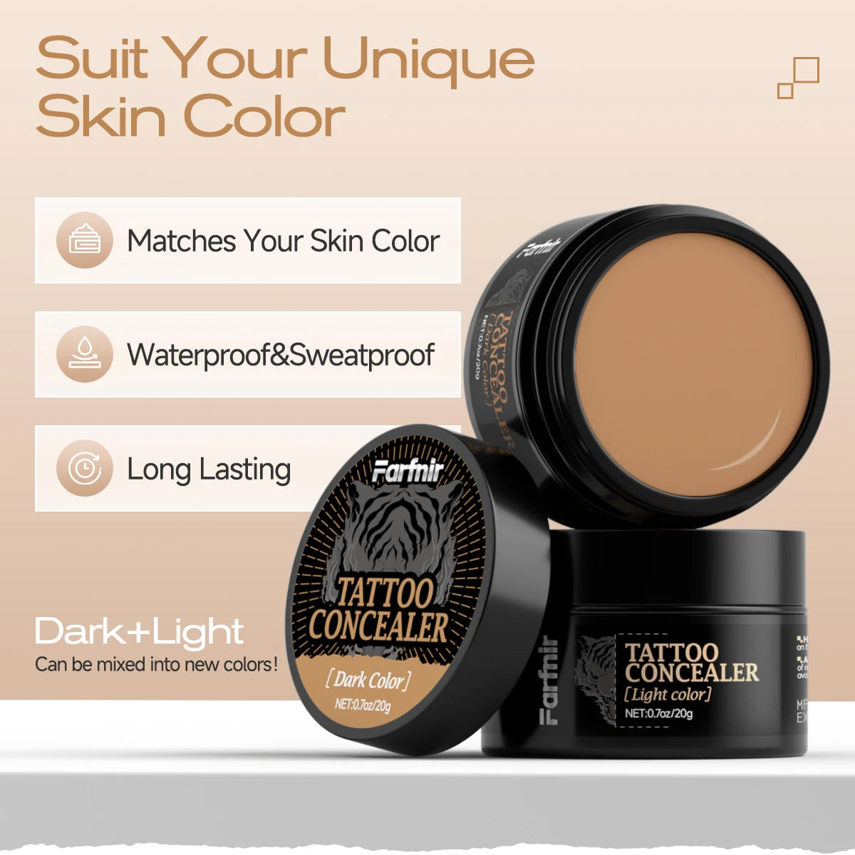 Tattoo concealer cream, waterproof and sweatproof, natural and skin-friendly, available in two colors for you to choose from.
