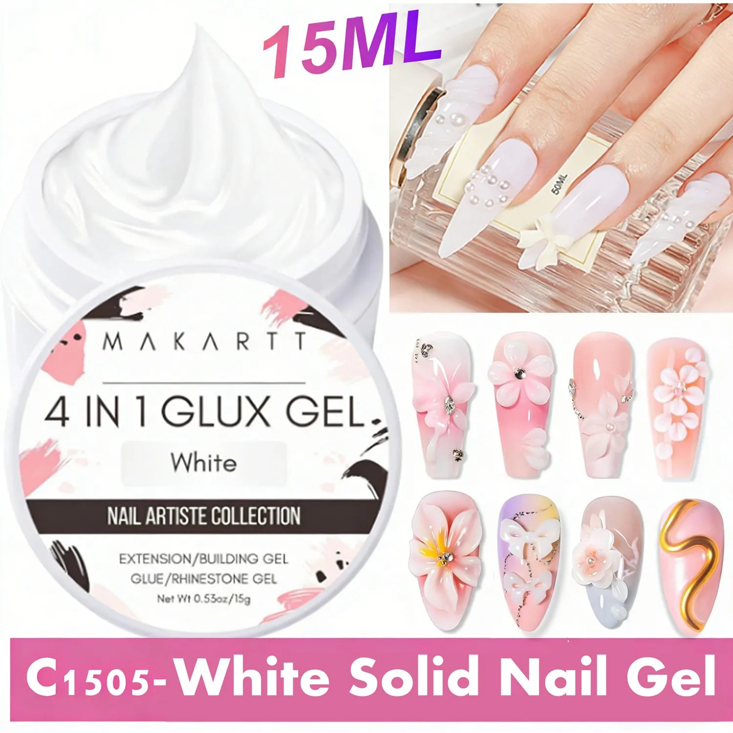 Makartt Solid Gel Builder: 4-in-1 Clear White Non-sticky for Extension 3D Sculpting Nail, UV Glue for Acrylic Tips, Rhinestones