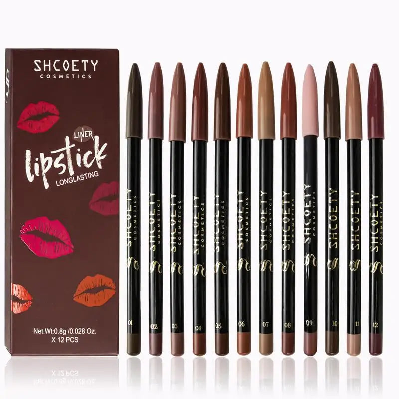 12pcs Lip Liner Pen 12 Colors Professional Lip Liner Pencil and Matte Lip Non-stick Cup Nude Lipstick Pencil SET