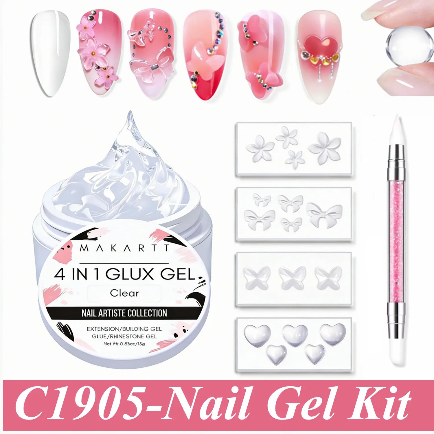 Makartt Solid Gel Builder: 4-in-1 Clear White Non-sticky for Extension 3D Sculpting Nail, UV Glue for Acrylic Tips, Rhinestones