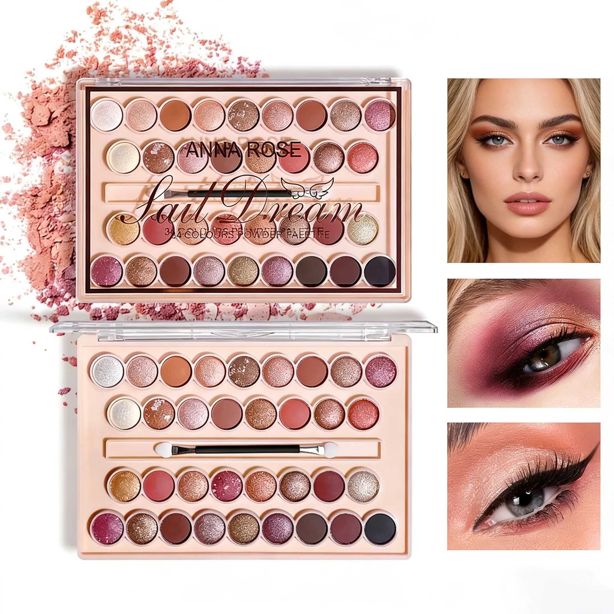 34-Colors Eyeshadow Palette with Brush Matte Shimmer & Glitter High Pigment Waterproof & Sweatproof for Festivals