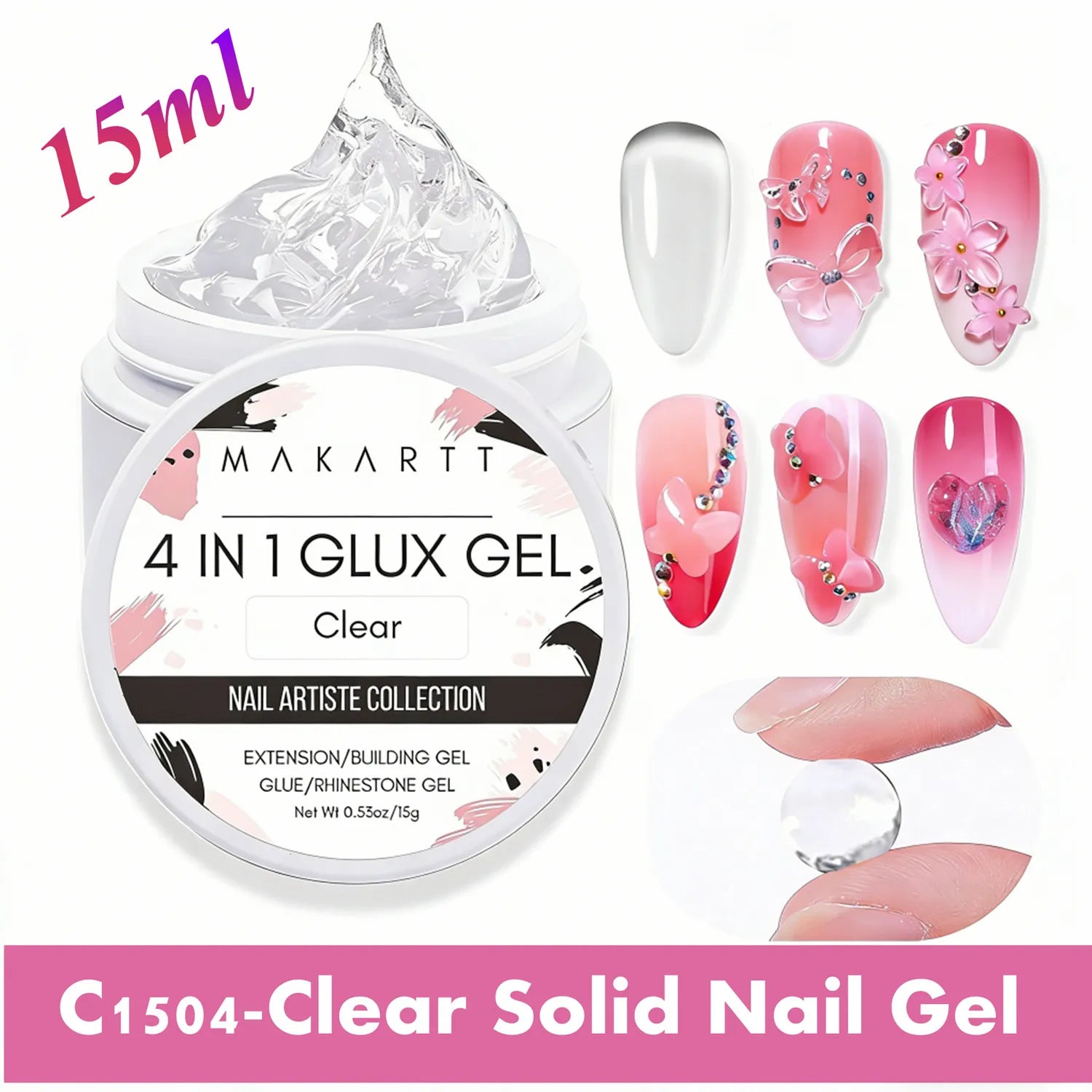 Makartt Solid Gel Builder: 4-in-1 Clear White Non-sticky for Extension 3D Sculpting Nail, UV Glue for Acrylic Tips, Rhinestones