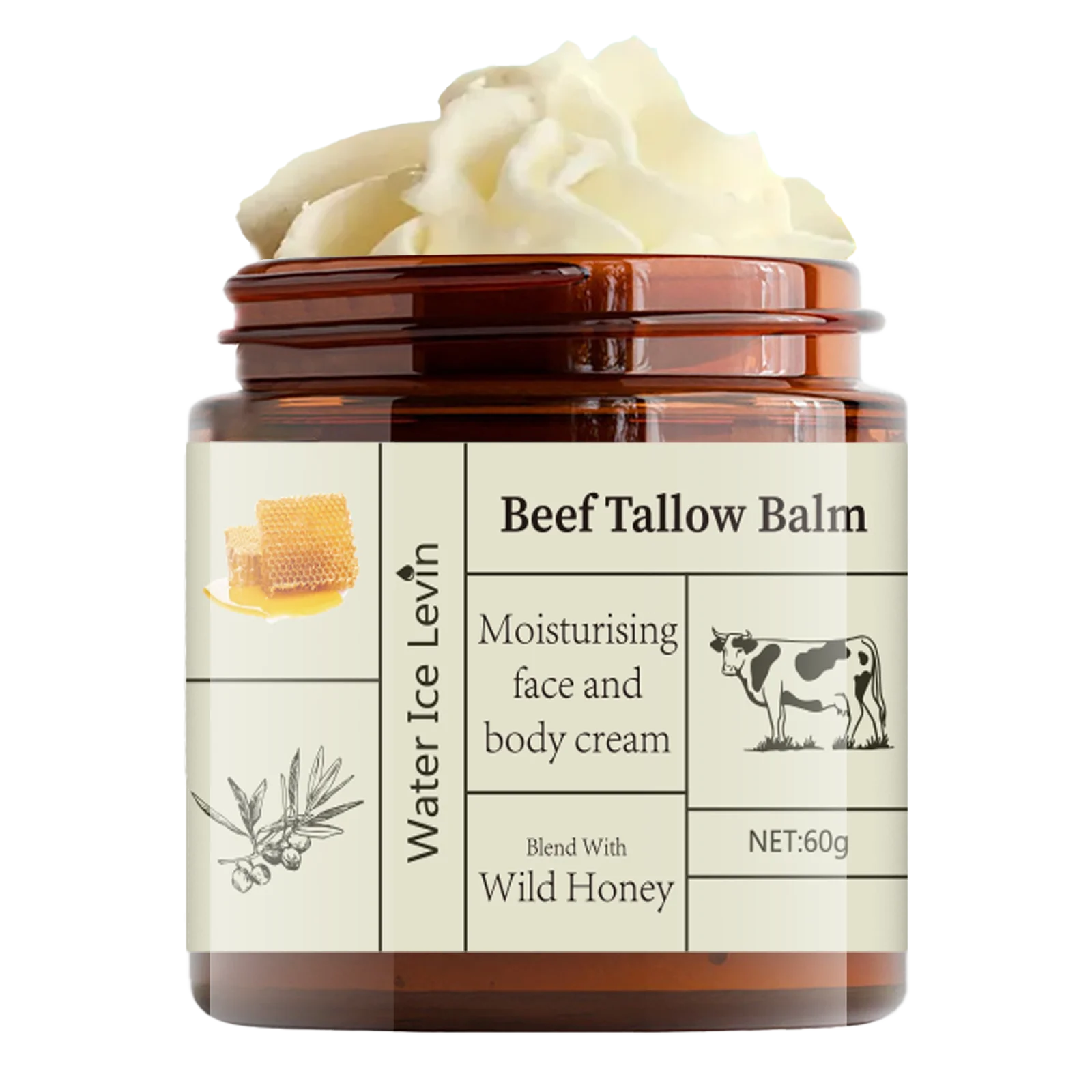 60g Beef Fat Cream Deep Moisturizing Brightening Wrinkle Removal Grass-Fed Butter Wild Honey Facial Body Lotion Skin Care Rich in Vitamins