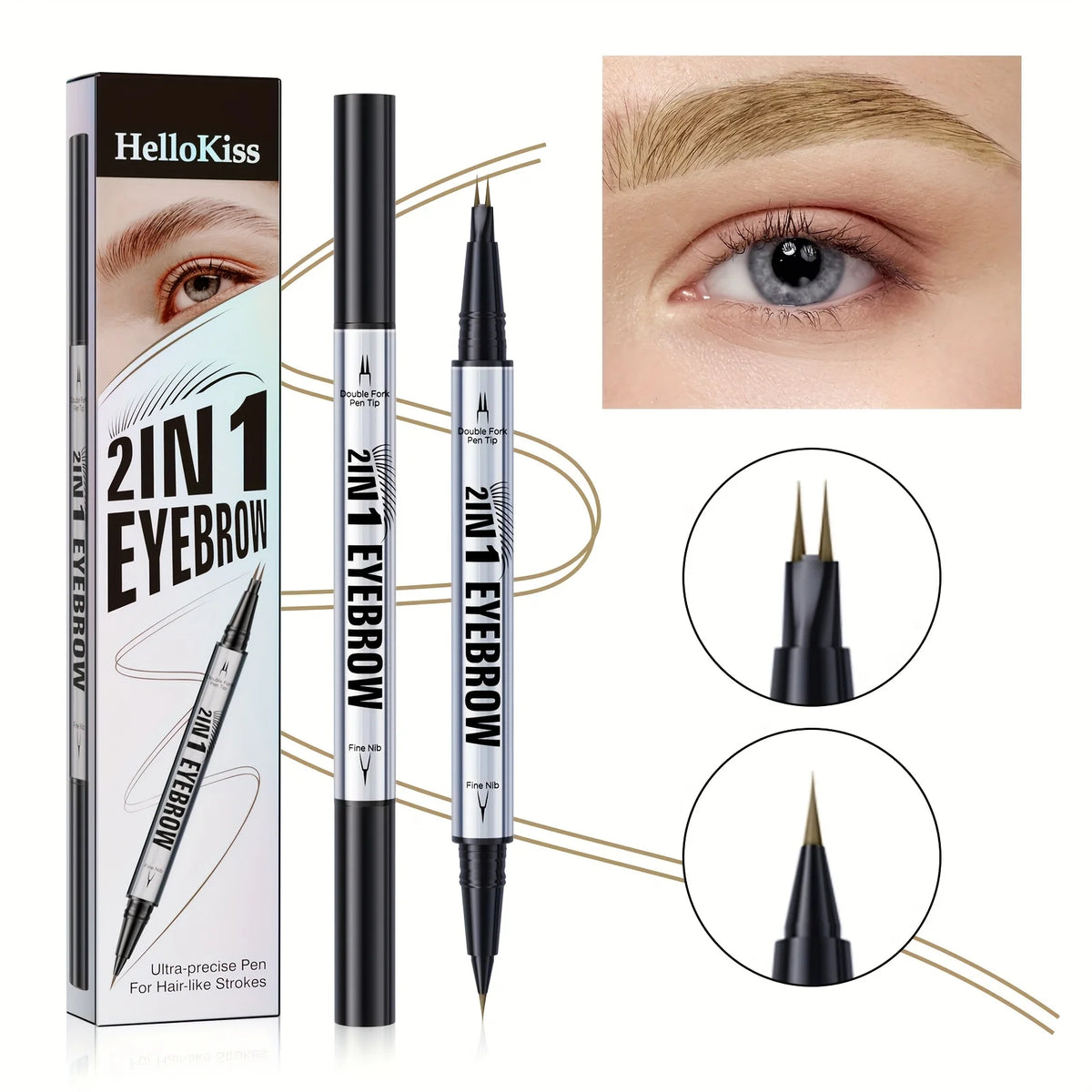 Luxury 2-in-1 Brow Pen with Micro Fork Tip & Precision Brush Waterproof Eyebrow Pencil for Natural Hair Strokes
