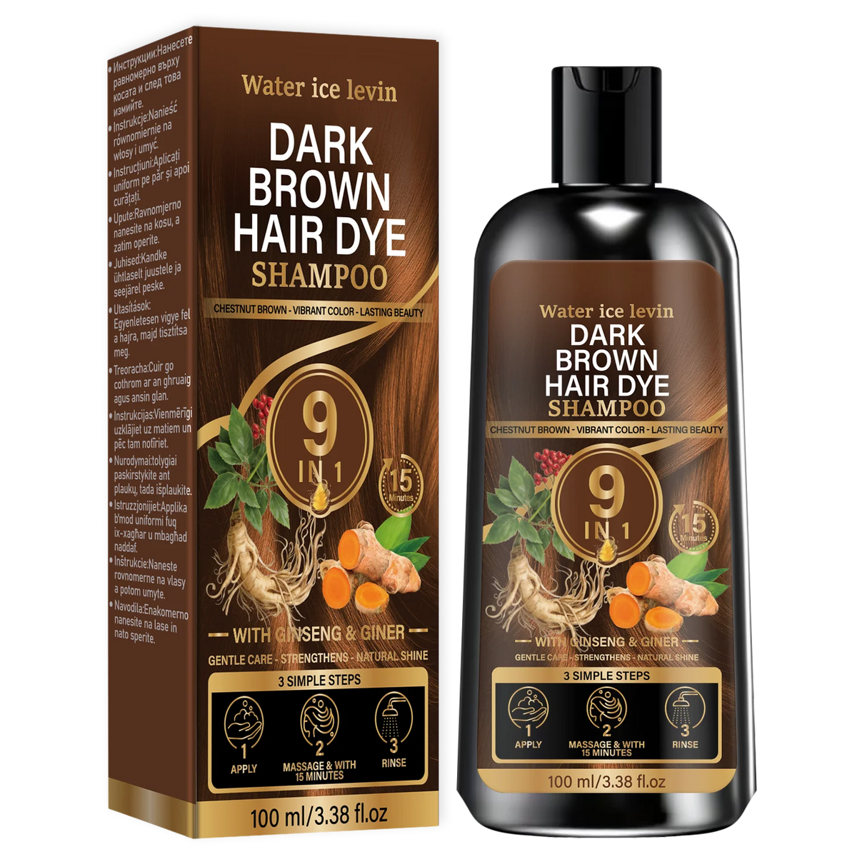 9 In 1 Natural Dark Brown Hair Dye Shampoo With Ginseng Ginger Gentle Coloring Shampoo Long Lasting Chestnut Hair Color 100ml