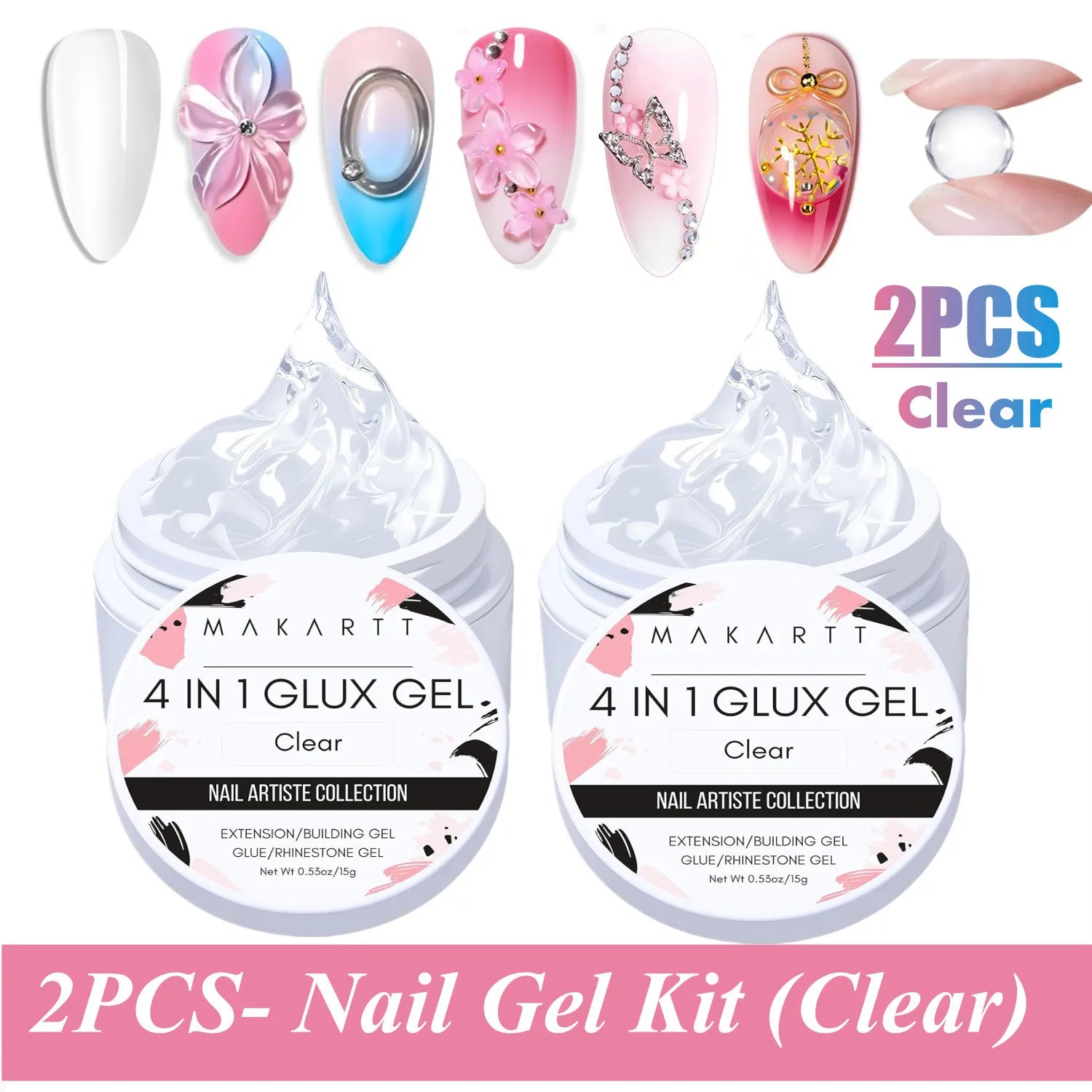 Makartt Solid Gel Builder: 4-in-1 Clear White Non-sticky for Extension 3D Sculpting Nail, UV Glue for Acrylic Tips, Rhinestones