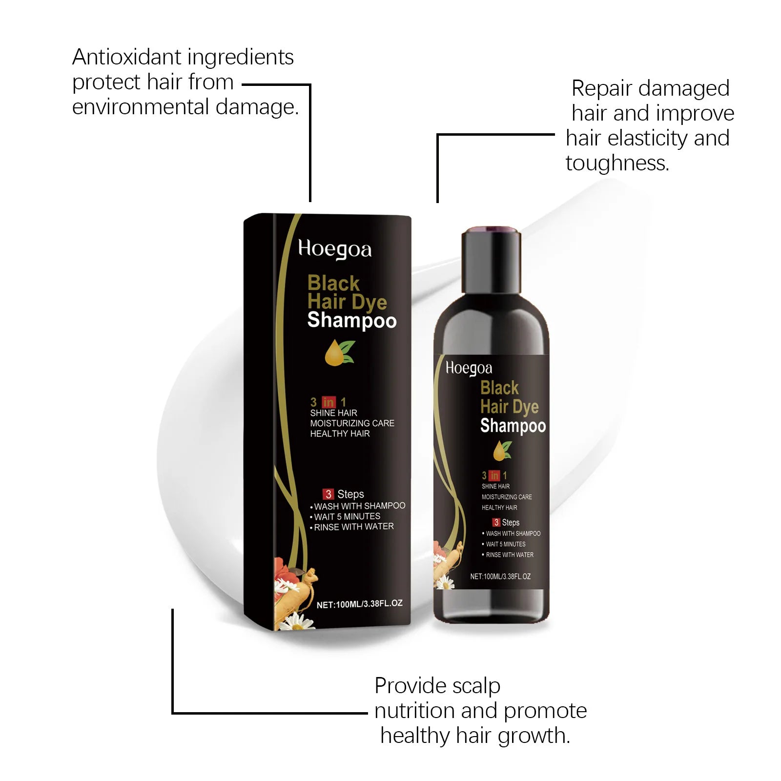 Hoegoa 100ml 3 In 1 Herbal Black Hair Dyeing Shampoo Instant Color Gray To Natural Black Polygonum Multiflorum Hair Dye Shampoo