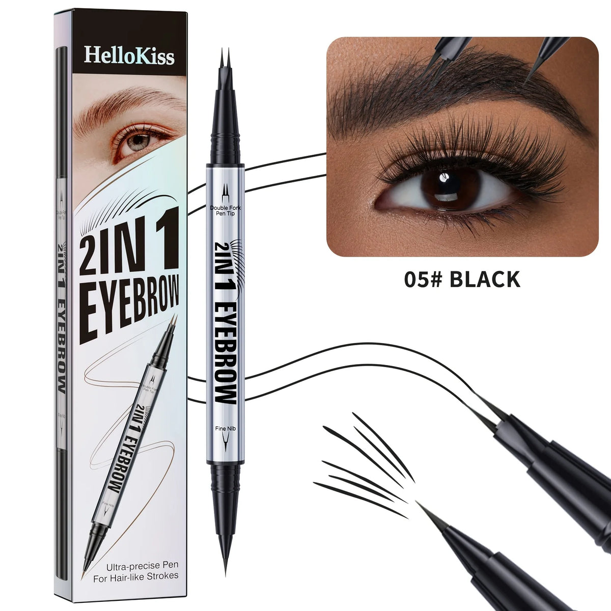 Luxury 2-in-1 Brow Pen with Micro Fork Tip & Precision Brush Waterproof Eyebrow Pencil for Natural Hair Strokes