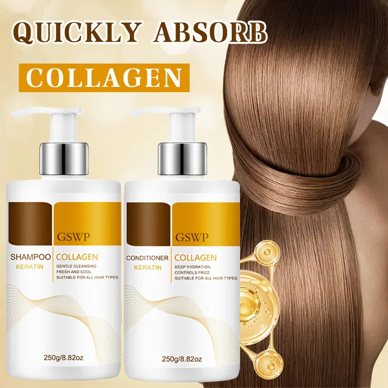 GSWP Collagen Keratin Shampoo and Conditioner Set, large size, contains Moroccan argan oil for deep moisturizing.250g+250g