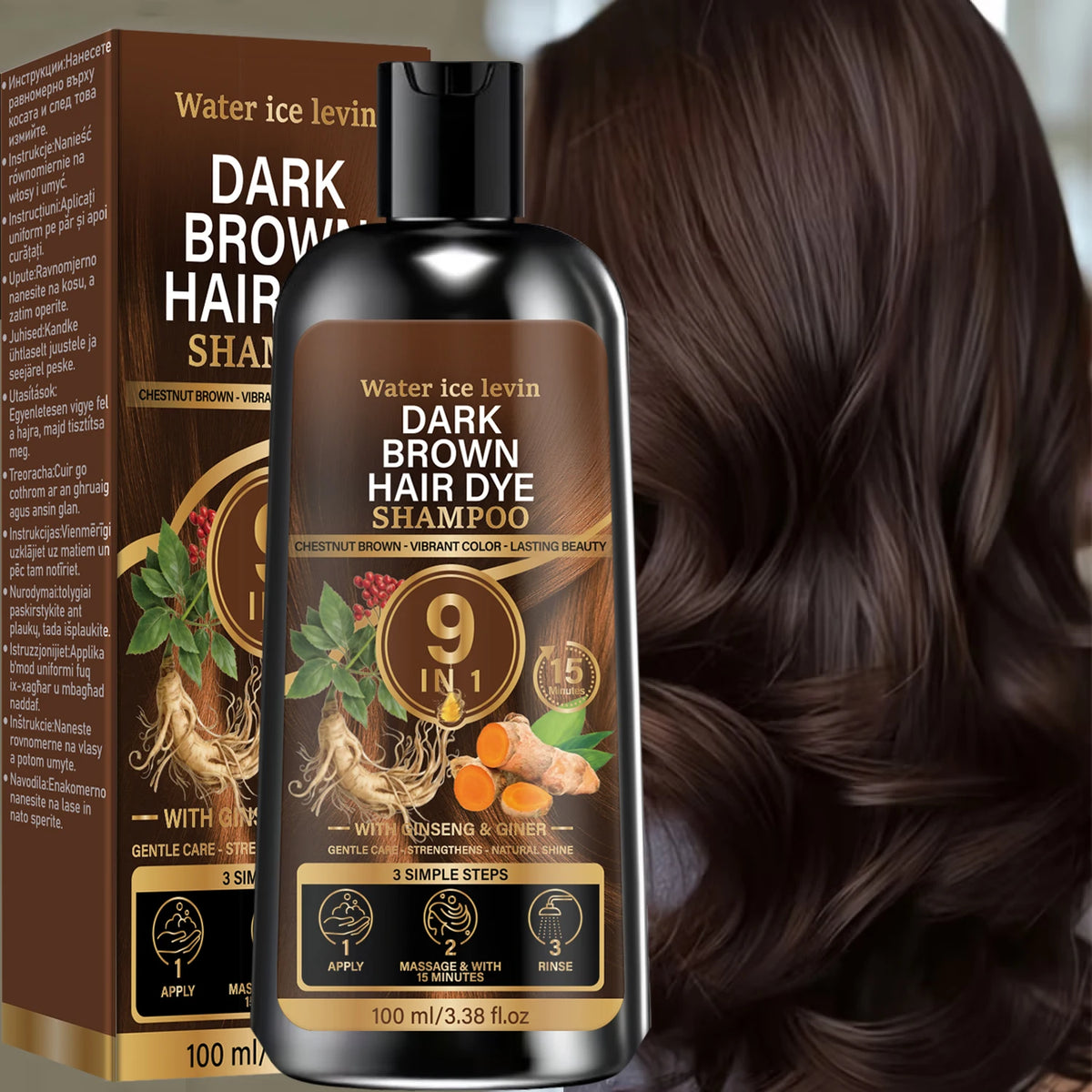 9 In 1 Natural Dark Brown Hair Dye Shampoo With Ginseng Ginger Gentle Coloring Shampoo Long Lasting Chestnut Hair Color 100ml