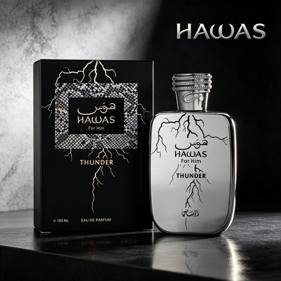 Hawas Thunder by Rasasi 100ml Men’s Perfume, Fresh Woody Spicy Scent for Office, Daily & All-Day Wear