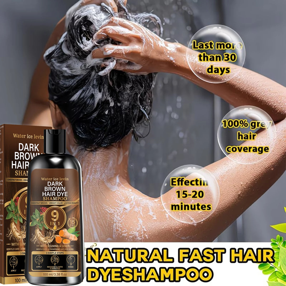 9 In 1 Natural Dark Brown Hair Dye Shampoo With Ginseng Ginger Gentle Coloring Shampoo Long Lasting Chestnut Hair Color 100ml