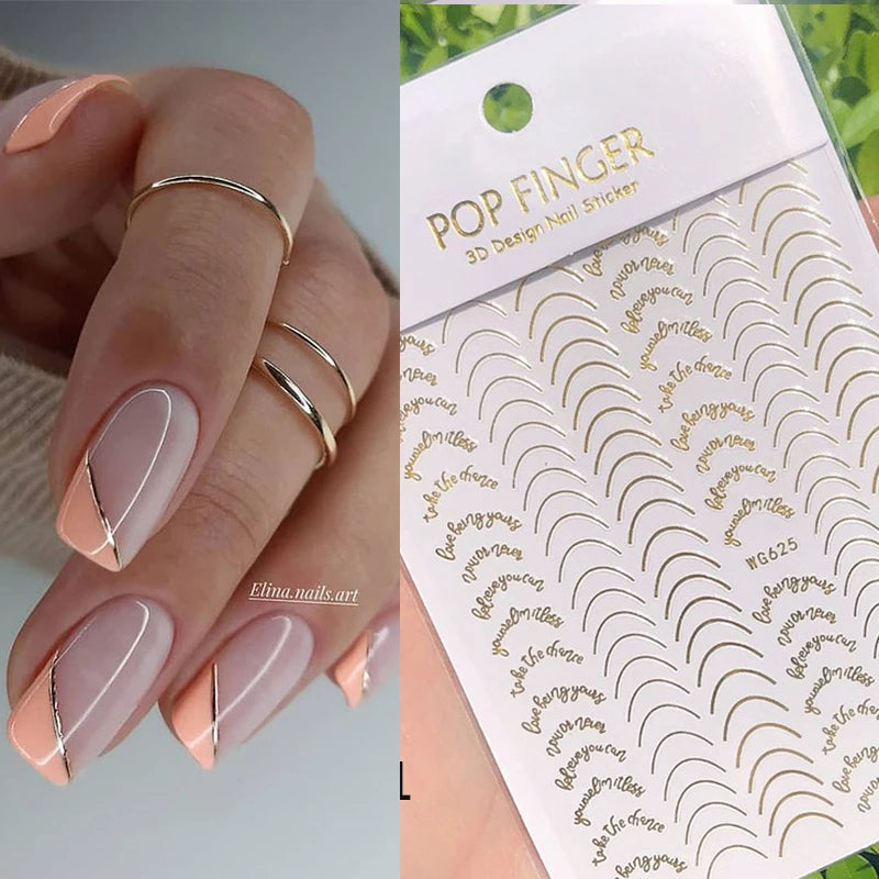 3D Nail Stickers Bronzing Gold Silver Lines Stripe Geometric Design Flowers Gradient Adhesive Slider Papers Nail Art Accessories