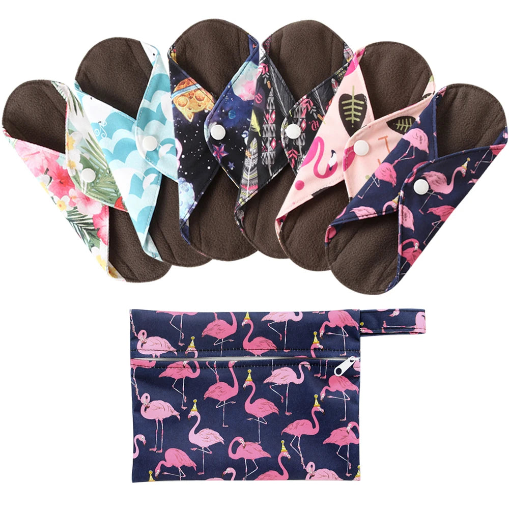 Ohbabyka Reusable Pads bamboo Charcoal Sanitary Pads Mama Menstrual Cotton Pads Washable Panty Liner Pads Health Feminine6+1set