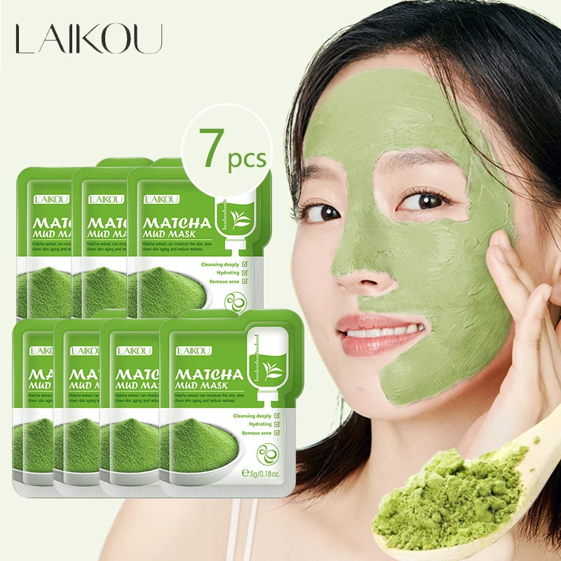 LAIKOU 7pcs Matcha Green Clay Mud Face Mask Night Facial Packs Dark Circle Moisturize Mask for Facecare