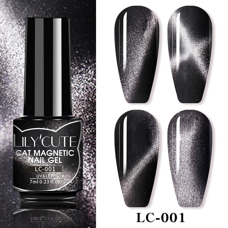 LILYCUTE 7ml 9D Black Crystal Cat Magnetic Gel Nail Polish Laser Silver Glitter Semi Permanent Manicure For Nail Art Gel Varnish