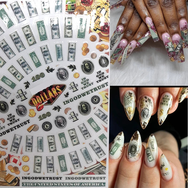 3D Money Dollar Sign Nail Art Stickers Decal Wealthy Rich Style Self Adhesive Nails Acrylic Manicure Tips Decoration Tool