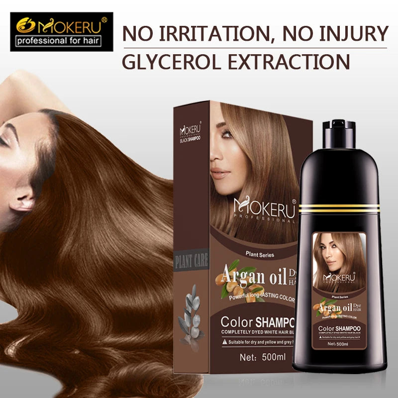 Mokeru 500ml Argan Oil Essence Natural Long Lasting Dark Brown Permanent Hair Dye Shampoo For Gray Hair Women Fast Color Dyeing