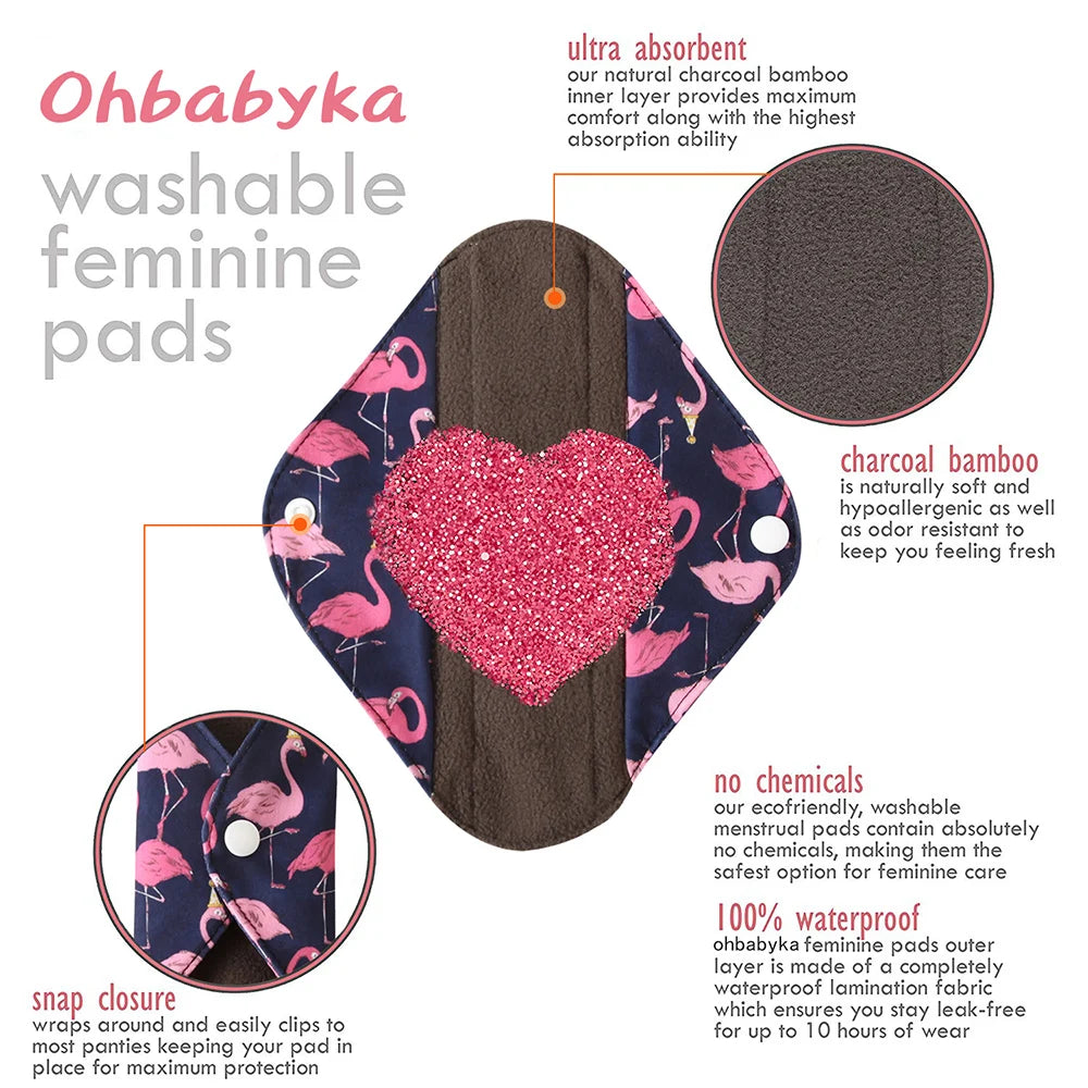 Ohbabyka Reusable Pads bamboo Charcoal Sanitary Pads Mama Menstrual Cotton Pads Washable Panty Liner Pads Health Feminine6+1set