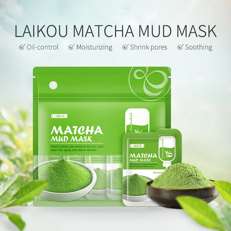 LAIKOU 7pcs Matcha Green Clay Mud Face Mask Night Facial Packs Dark Circle Moisturize Mask for Facecare