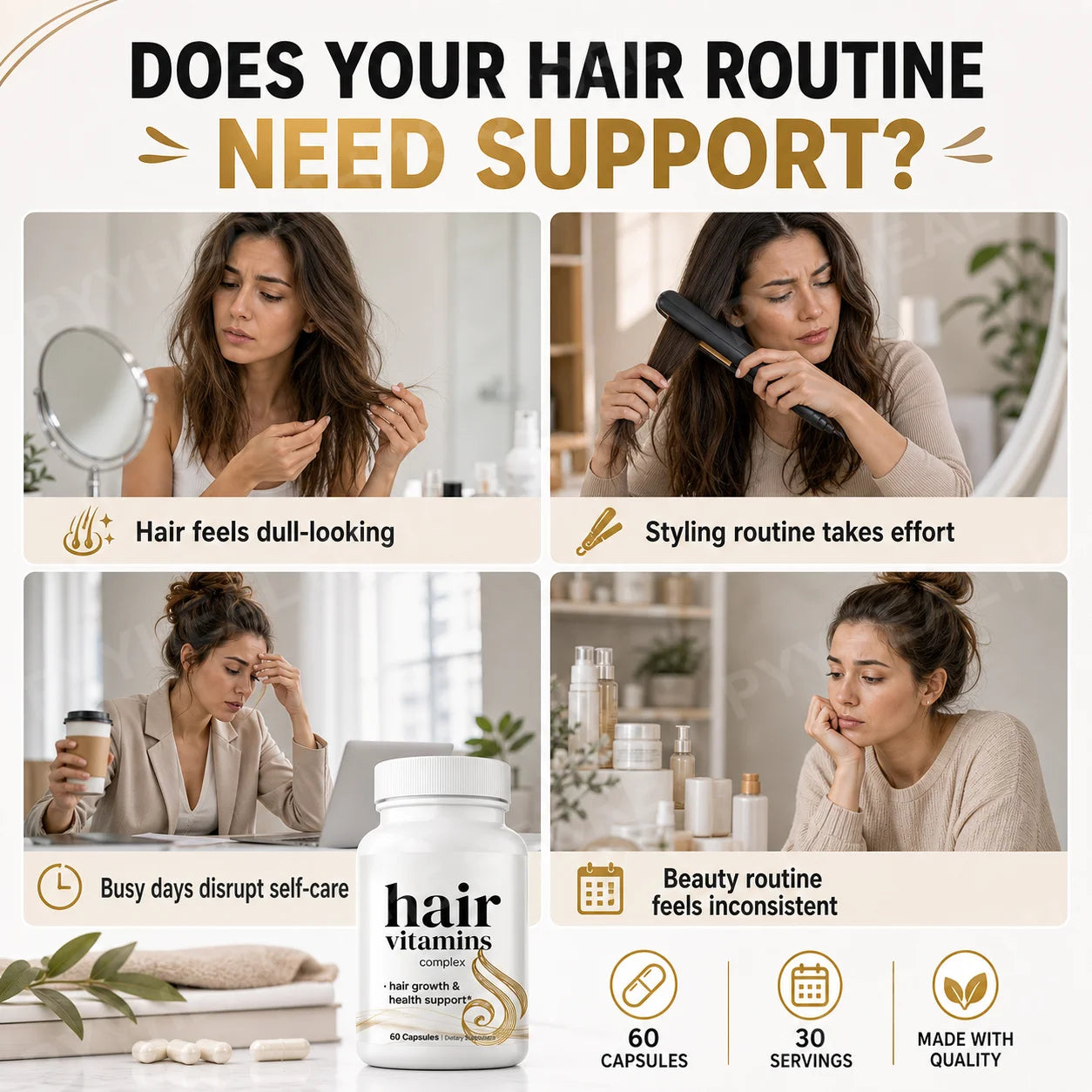 Hair Growth Vitamins for Women & Men, 14-in-1 Biotin Collagen Keratin Complex, Thicker Fuller-Looking Hair Routine, 60 Capsules