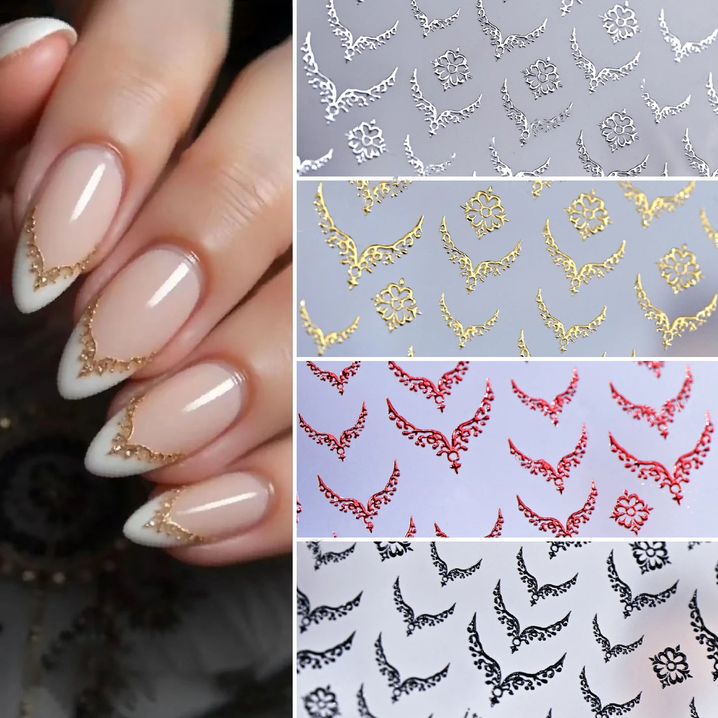 1pcs Gilded French 3D Embossed Nail Stickers Metallic V-Shaped Lace Fingertip Pattern Charming Design Nails Decoration Supplies