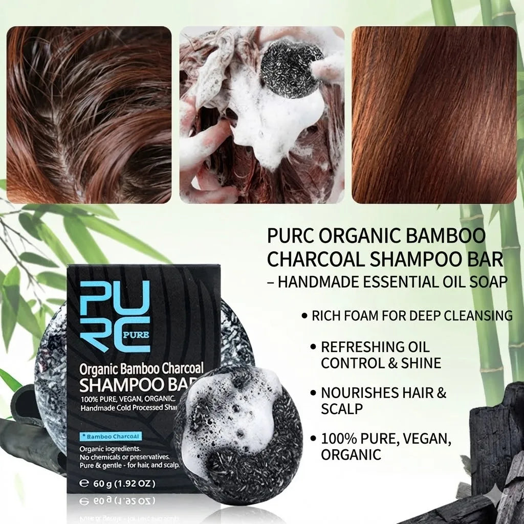 PURC Handmade Bamboo Charcoal Shampoo Bar Natural Essential Oil Soap Rich Lather Deep Clean Scalp Anti Dandruff Hair Care for Re