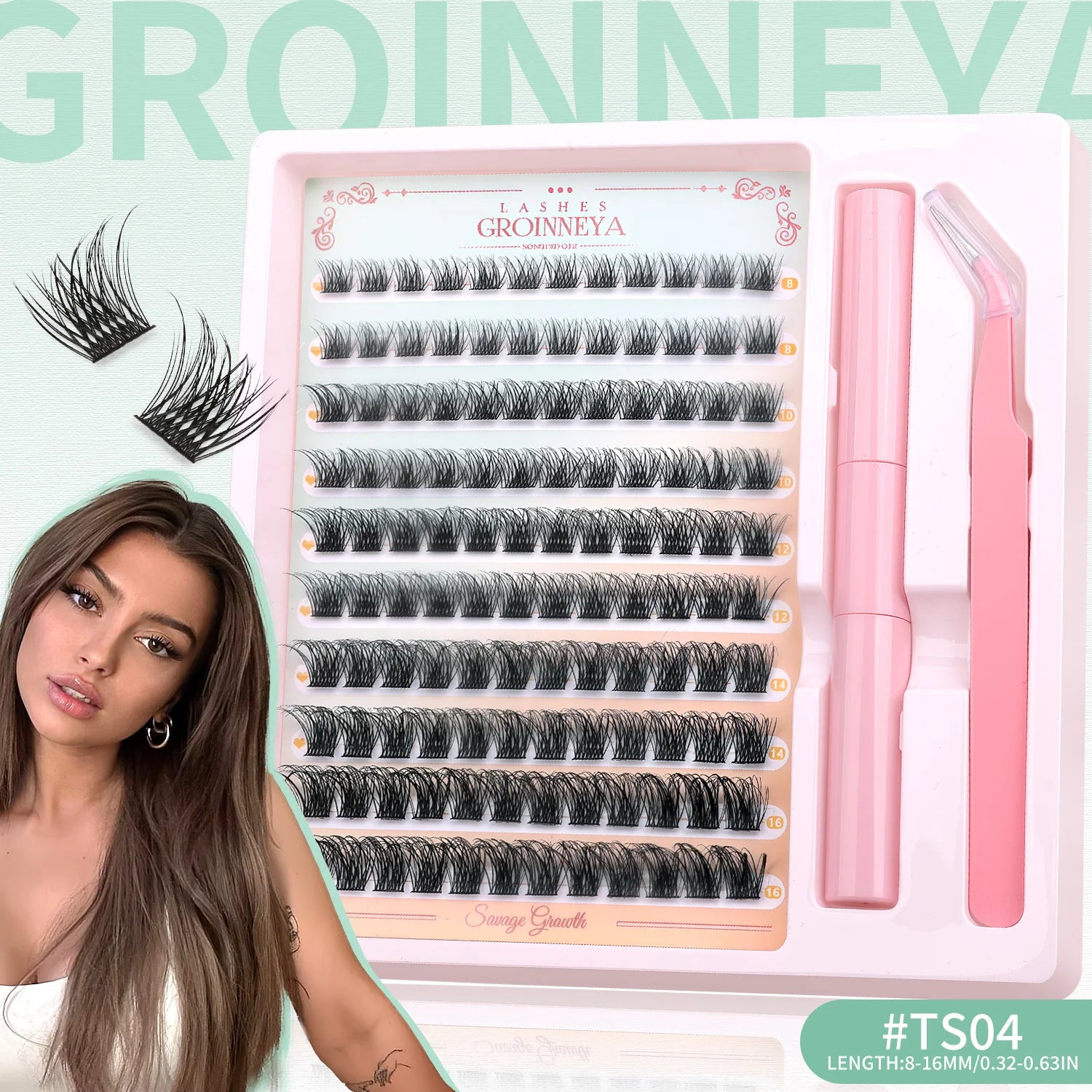 GROINNEYA Fluffy Lash Clusters Kit With Waterproof Strong Hold DIY Lash Extension Kit Lash Bond & Seal & Eyelash Tweezers Makeup