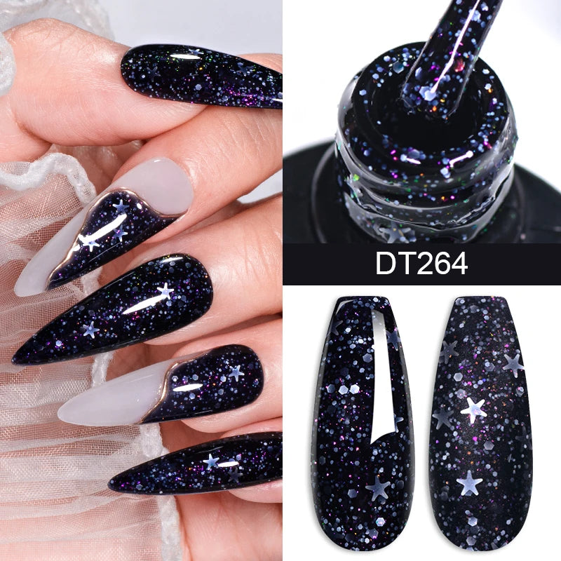MEET ACROSS 7ml Dark Color Glitter Top Coat Gel For Nails Brocade Powder 2 In 1 Chameleon Nail Art Gel Varnish Manicure