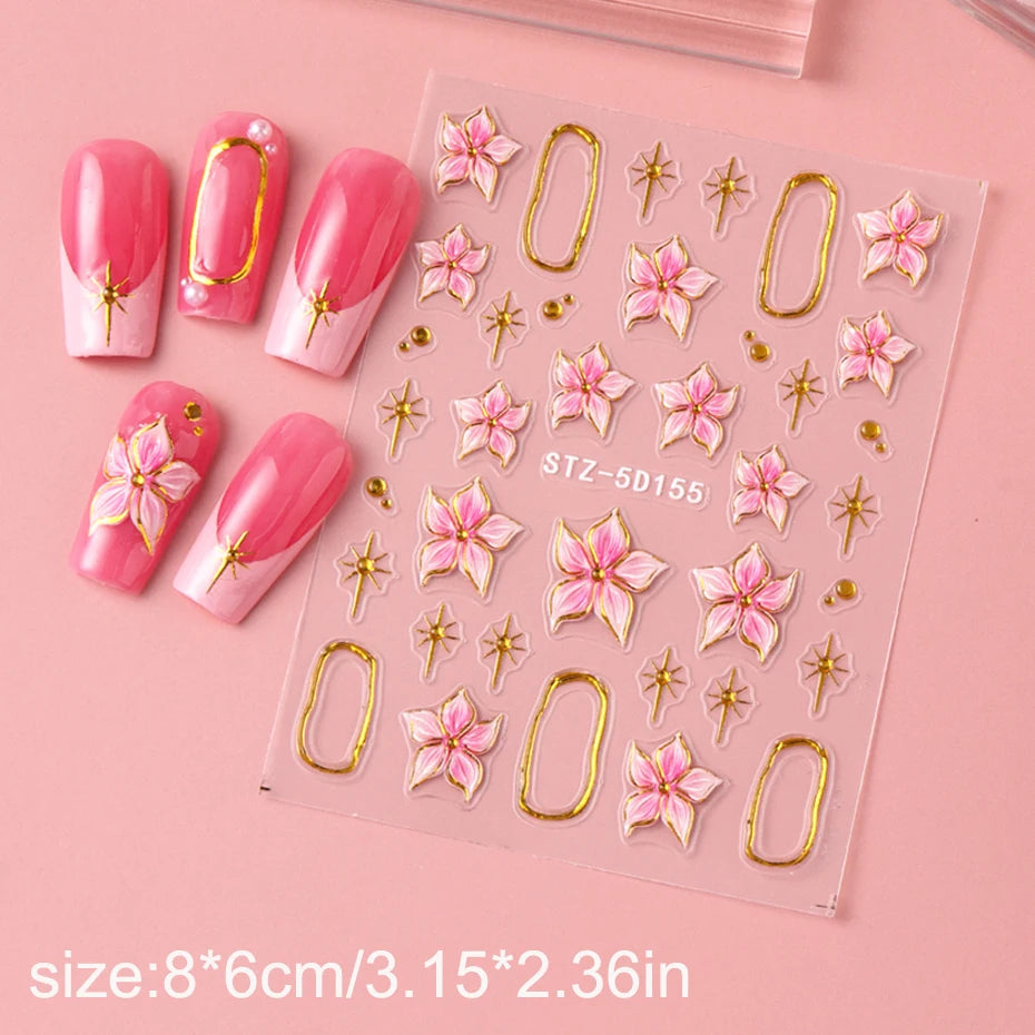 2pcs Embossed Hibiscus Flower Nail Art Sticker Pink Flower With Golden Metal Ring Charm Self-Adhesive Decals Manicure Decoration