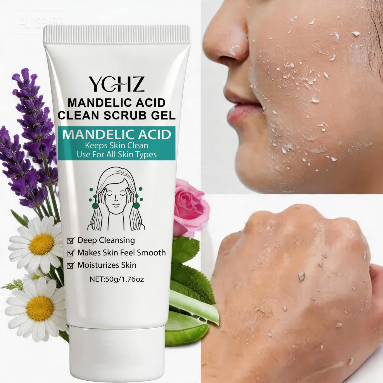 50g Mandelic Acid Cleansing Gel——Deeply Cleanses and Unclogs Pores, Contains Aloe Vera and Rose Essence, Makes Skin Smooth and Delicate, Suitable for All Skin Types
