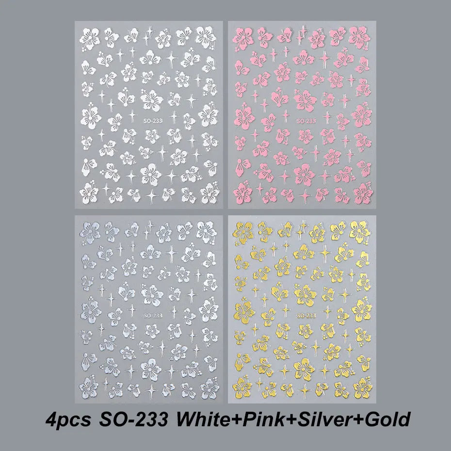 4pcs Hibiscus Flower Nail Art Sticker 3D White Pink Floral Decal Y2K Gold Silver Petal DIY Romantic Self-Adhesive Manicure Decor