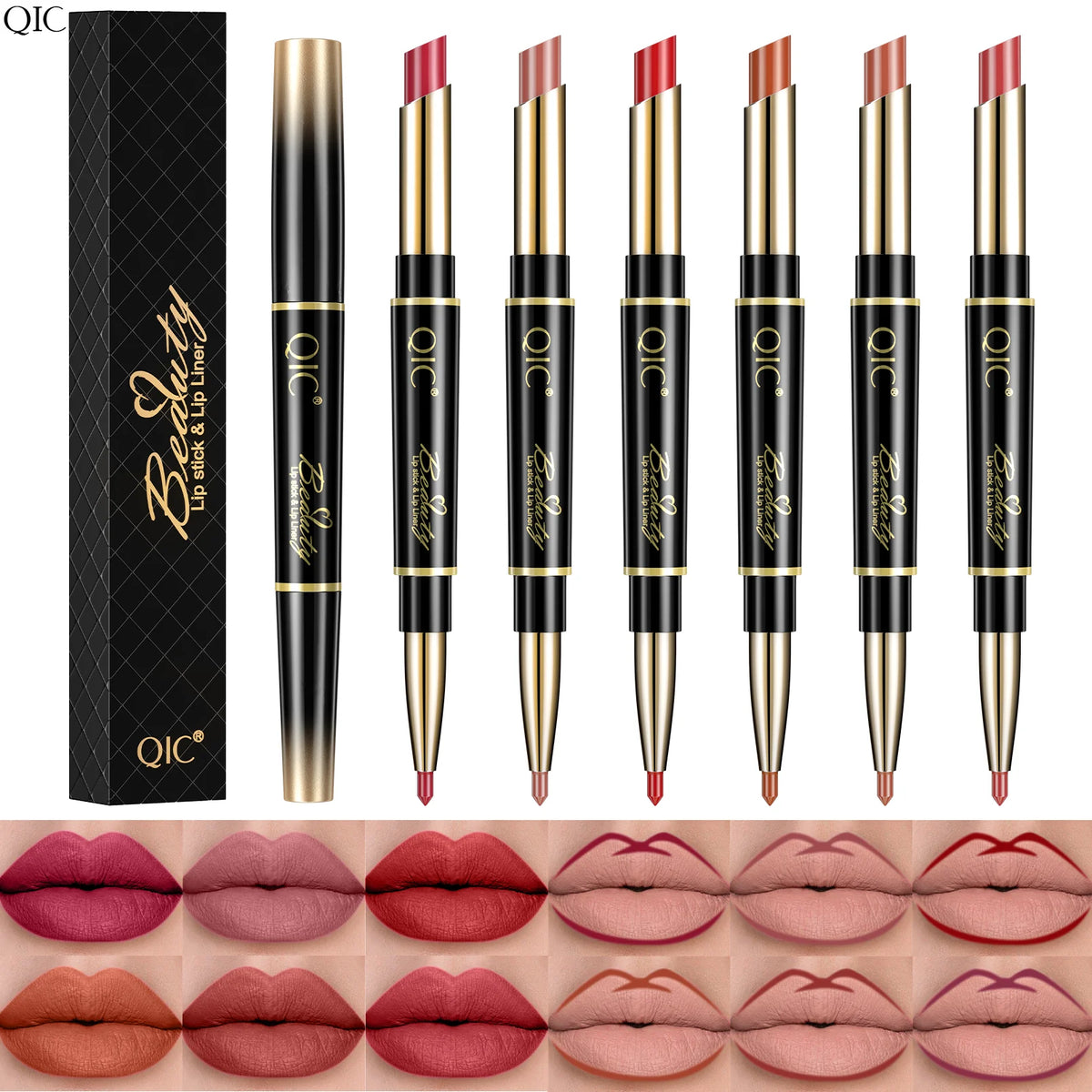 QIC Lipstick Lipliner Pen Matte Velvet Lip Liner Pencil Contour Makeup Sexy Red Lip Stick Long Lasting Cosmetics