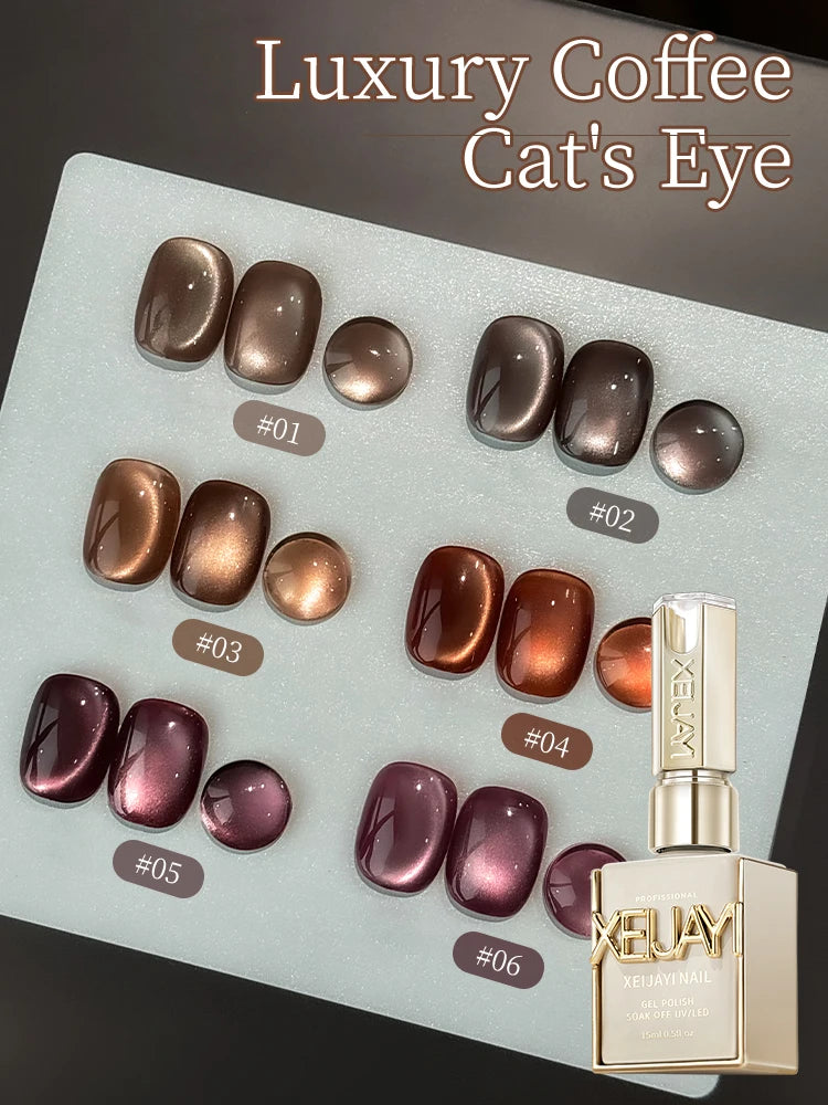 15ml 6Colors Luxury Coffee Cat's Eye Nail Gel Polish Set with Soak Off UVLED Cat Eye Gel Polish Manicure Nail Art Kit