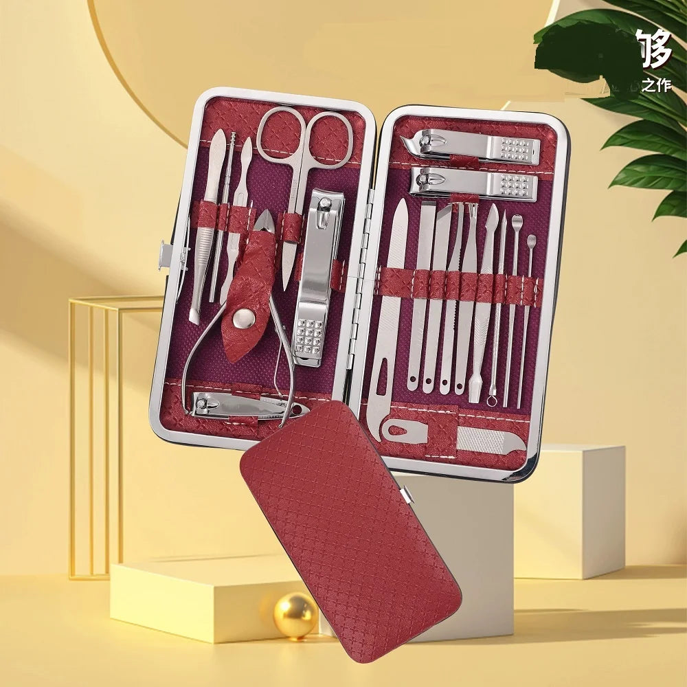 19-Piece Home Nail Clipper Set Large Dead Skin Pliers Diagonal Small Eyebrow Clipper with Leather Sleeve for Personal Grooming