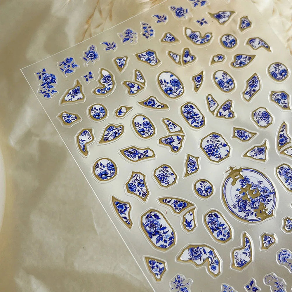 Blue Bronzing Flower Nail Stickers Chinese Style Blue and White Porcelain Nail Decals Back Glue Adhesive French Nail Art Sticker