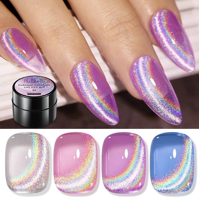 AWStorG Intense Rainbow Cat Eye Gel 5ml Holographic Laser Magnetic Nail Gel Soak Off UV LED Gel Polish Shiny Rainbow Manicur