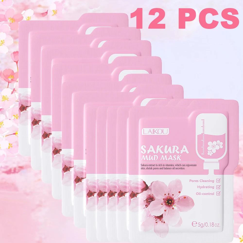 10/12 PCS Sakura Mud Face Mask Set Deep Cleansing Pore Shrinking Oil Control Blackhead Removal Moisturizing Skin Care