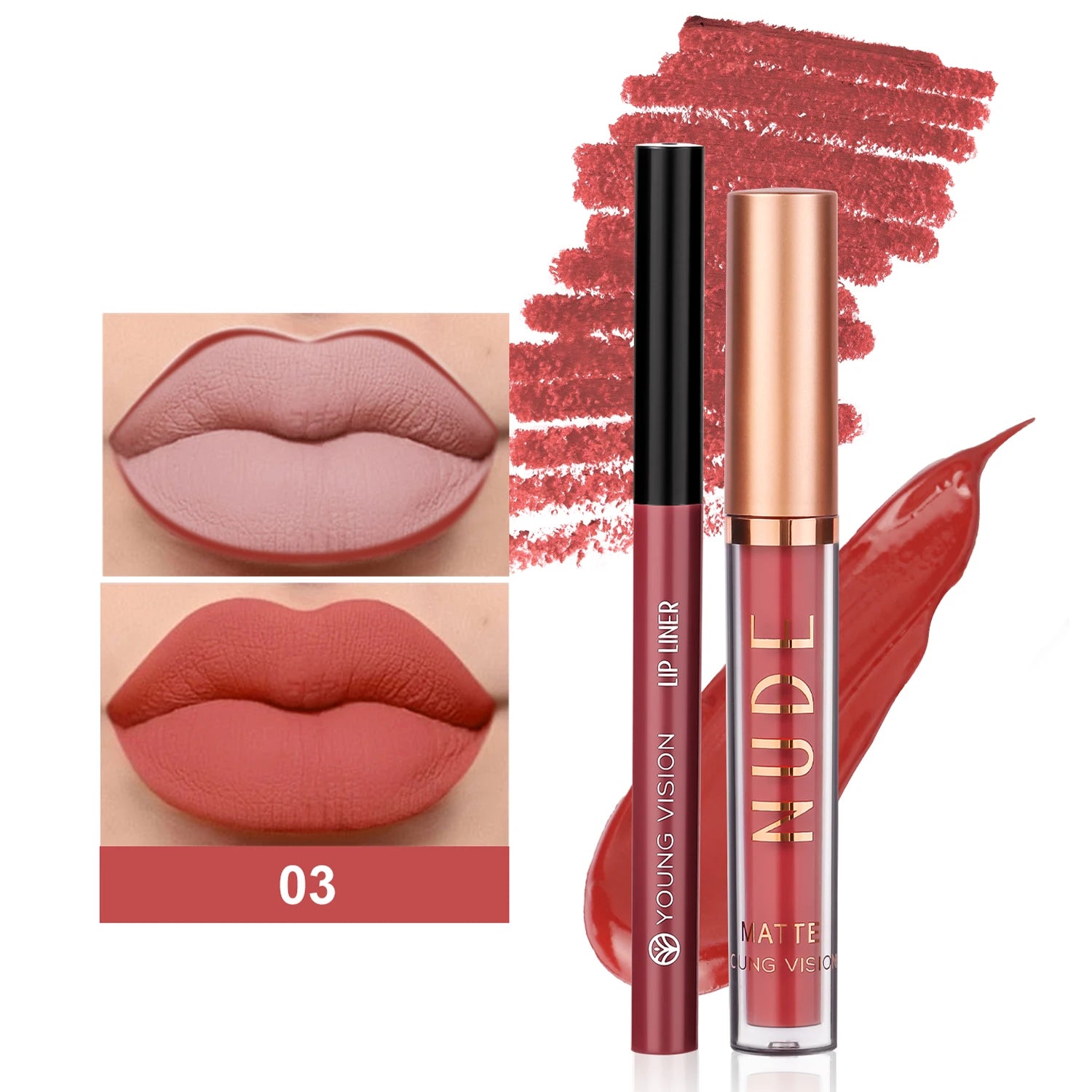 YOUNG VISION Dual Color Lip Liner Lip Gloss Combo Set Color Showing Waterproof Sweatproof Non-Sticky Cup Lip Gloss Set